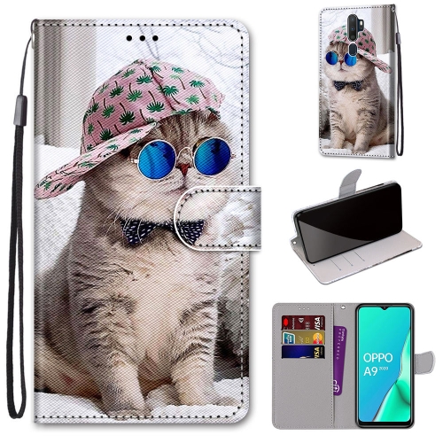 

For OPPO A9 (2020) / A5 (2020) / A11X / A11 Coloured Drawing Cross Texture Horizontal Flip PU Leather Case with Holder & Card Slots & Wallet & Lanyard(Slant Hat Blue Mirror Cat)
