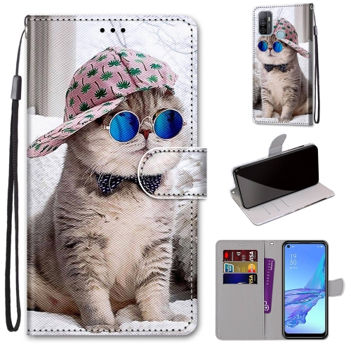 

For OPPO A53 4G(2020) / A53s / A32 / A33 (2020) Coloured Drawing Cross Texture Horizontal Flip PU Leather Case with Holder & Card Slots & Wallet & Lanyard(Slant Hat Blue Mirror Cat)