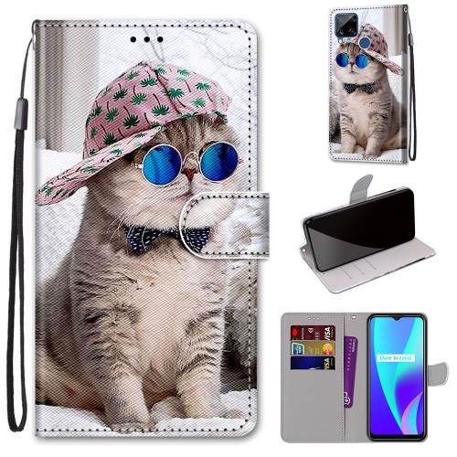 

For OPPO Realme C15 / C12 / C25 / 7i (Global) / Narzo 20 / 30A Coloured Drawing Cross Texture Horizontal Flip PU Leather Case with Holder & Card Slots & Wallet & Lanyard(Slant Hat Blue Mirror Cat)