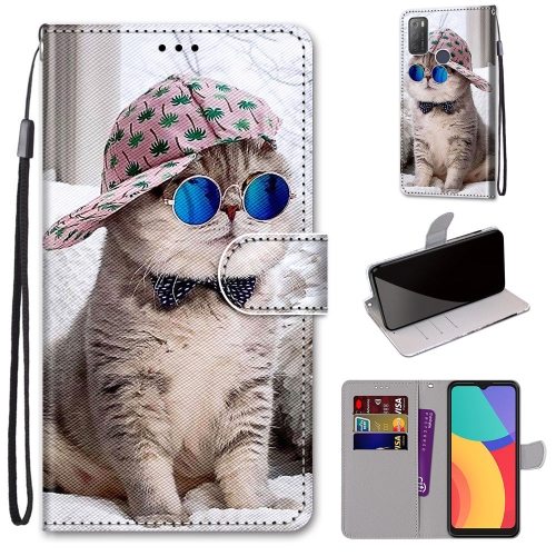 

For Alcatel 3L 2021 Coloured Drawing Cross Texture Horizontal Flip PU Leather Case with Holder & Card Slots & Wallet & Lanyard(Slant Hat Blue Mirror Cat)