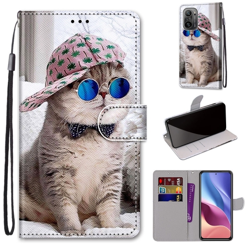 

For Xiaomi Redmi K40 / K40 Pro / K40 Pro+ Coloured Drawing Cross Texture Horizontal Flip PU Leather Case with Holder & Card Slots & Wallet & Lanyard(Slant Hat Blue Mirror Cat)
