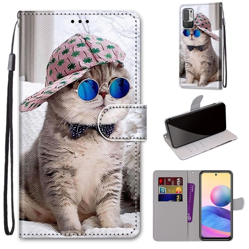 

For Xiaomi Redmi Note 10 5G Coloured Drawing Cross Texture Horizontal Flip PU Leather Case with Holder & Card Slots & Wallet & Lanyard(Slant Hat Blue Mirror Cat)