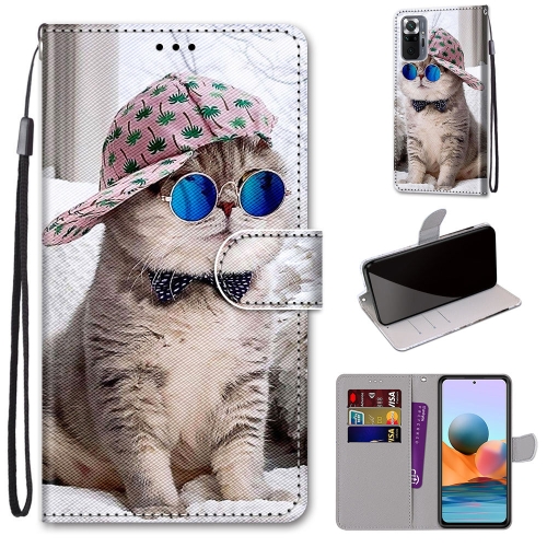 

For Xiaomi Redmi Note 10 Pro Max / Note 10 Pro Coloured Drawing Cross Texture Horizontal Flip PU Leather Case with Holder & Card Slots & Wallet & Lanyard(Slant Hat Blue Mirror Cat)