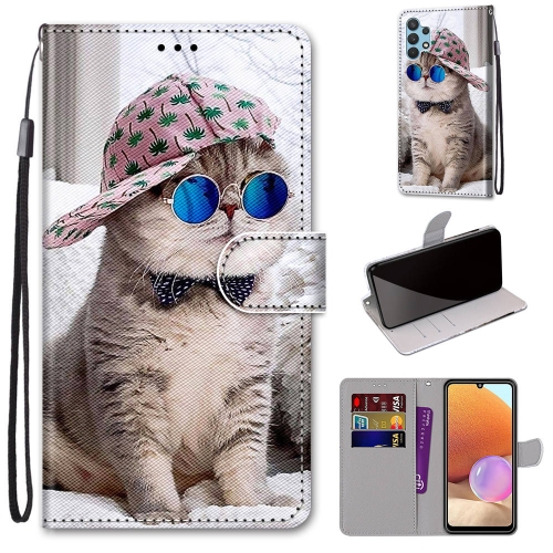 

For Samsung Galaxy A32 4G / A32 Lite Coloured Drawing Cross Texture Horizontal Flip PU Leather Case with Holder & Card Slots & Wallet & Lanyard(Slant Hat Blue Mirror Cat)