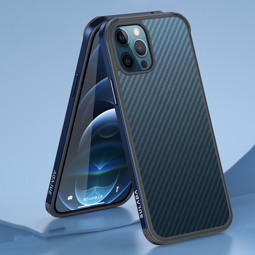 SULADA Luxury 3D Carbon Fiber Textured Shockproof Metal + TPU Frame Case For iPhone 12 / 12 Pro(Sea Blue)