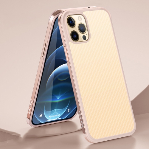 SULADA Luxury 3D Carbon Fiber Textured Shockproof Metal + TPU Frame Case For iPhone 12 Pro Max(Rose Gold)