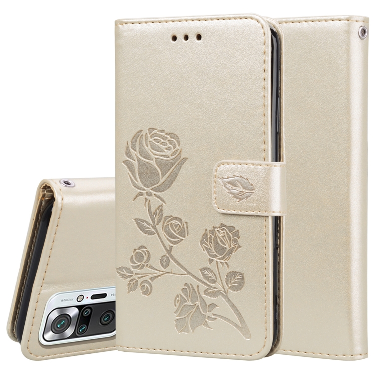 

For Xiaomi Redmi Note 10 Pro Rose Embossed Horizontal Flip PU Leather Case with Holder & Card Slots & Wallet(Gold)