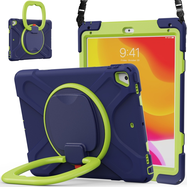 

For iPad 9.7 inch (2018/2017) Silicone + PC Protective Case with Holder & Shoulder Strap(Navy Blue + Yellow Green)