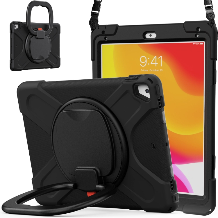 

For iPad 9.7 inch (2018/2017) Silicone + PC Protective Case with Holder & Shoulder Strap(Black+Black)