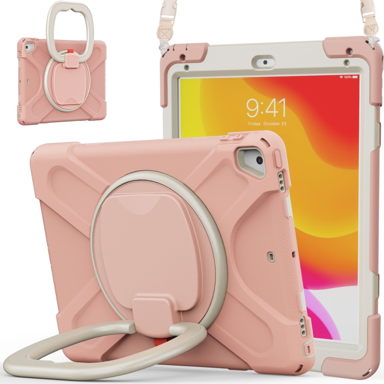 

For iPad 9.7 inch (2018/2017) Silicone + PC Protective Case with Holder & Shoulder Strap(Rose Gold)