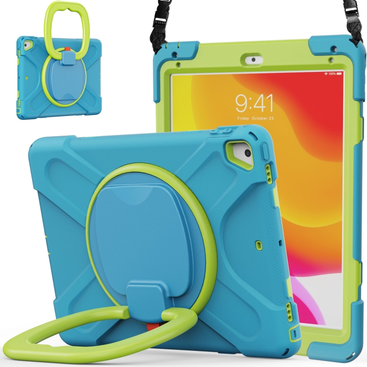 

For iPad 9.7 inch (2018/2017) Silicone + PC Protective Case with Holder & Shoulder Strap(Light blue+Yellow Green)