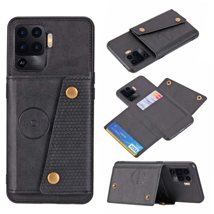 

For OPPO A94 Double Buckle PU + TPU Shockproof Magnetic Protective Case with Card Slot & Holder(Black)