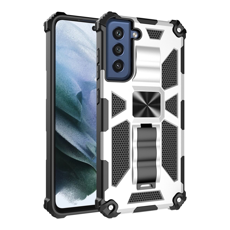 

For Samsung Galaxy S21 FE Shockproof TPU + PC Magnetic Protective Case with Holder(Silver)