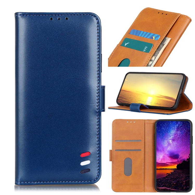 

For Samsung Galaxy S21 FE 3-Color Pearl Texture Magnetic Buckle Horizontal Flip PU Leather Case with Card Slots & Wallet & Holder(Blue)