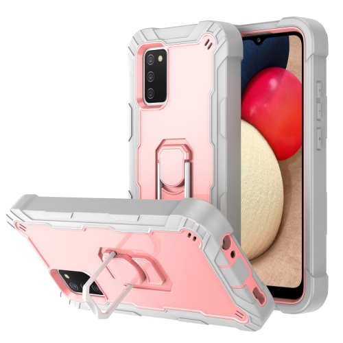 

For Samsung Galaxy A02s PC + Rubber 3-layers Shockproof Protective Case with Rotating Holder(Grey White + Rose Gold)