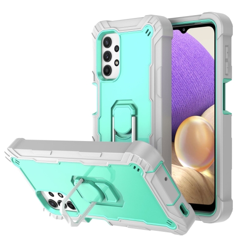 

For Samsung Galaxy A32 5G PC + Rubber 3-layers Shockproof Protective Case with Rotating Holder(Grey White + Mint Green)