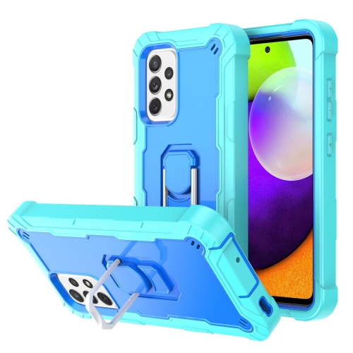

For Samsung Galaxy A52 5G / 4G PC + Rubber 3-layers Shockproof Protective Case with Rotating Holder(Mint Green + Blue)