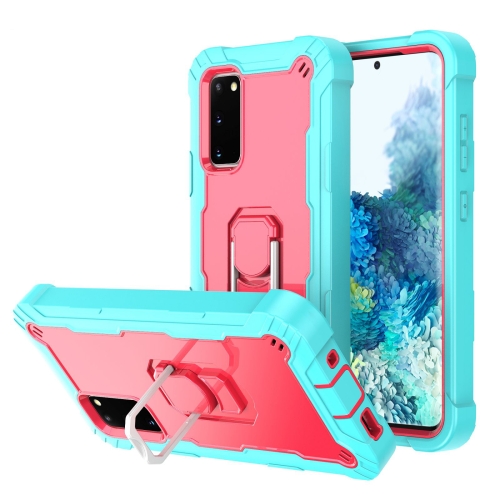 

For Samsung Galaxy S20 FE / FE 5G PC + Rubber 3-layers Shockproof Protective Case with Rotating Holder(Mint Green + Rose Red)