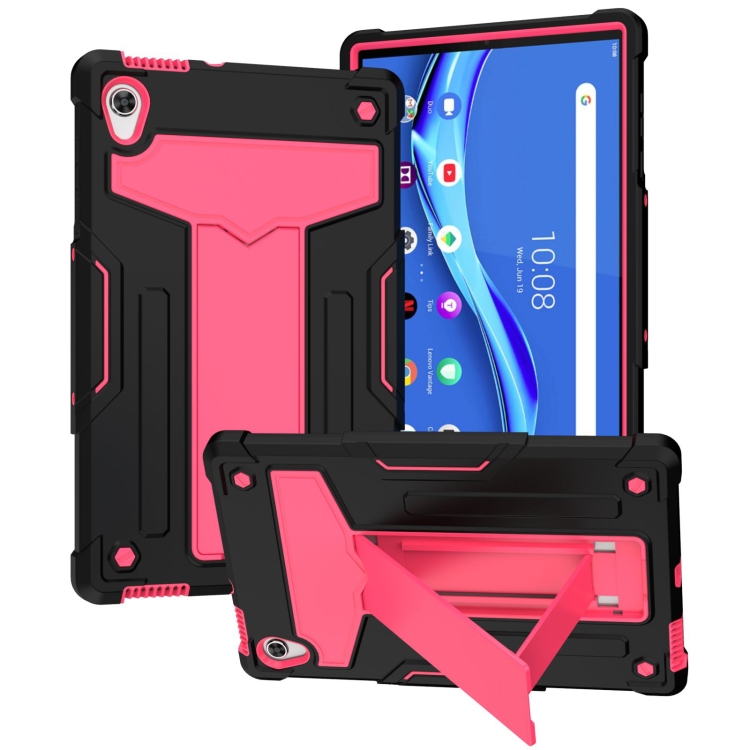 

For Lenovo Tab M10 HD 2nd Gen TB-X306X T-shaped Bracket Contrast Color Shockproof PC + Silicone Flat Protective Case(Black + Rose Red)