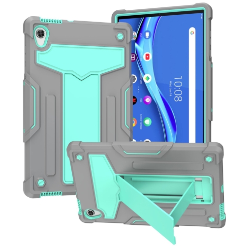 

For Lenovo Tab M10 HD 2nd Gen TB-X306X T-shaped Bracket Contrast Color Shockproof PC + Silicone Flat Protective Case(Grey + Mint Green)