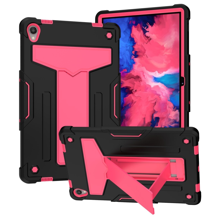 

For Lenovo Tab P11 (Tab-J606F) T-shaped Bracket Contrast Color Shockproof PC + Silicone Flat Protective Case(Black + Rose Red)