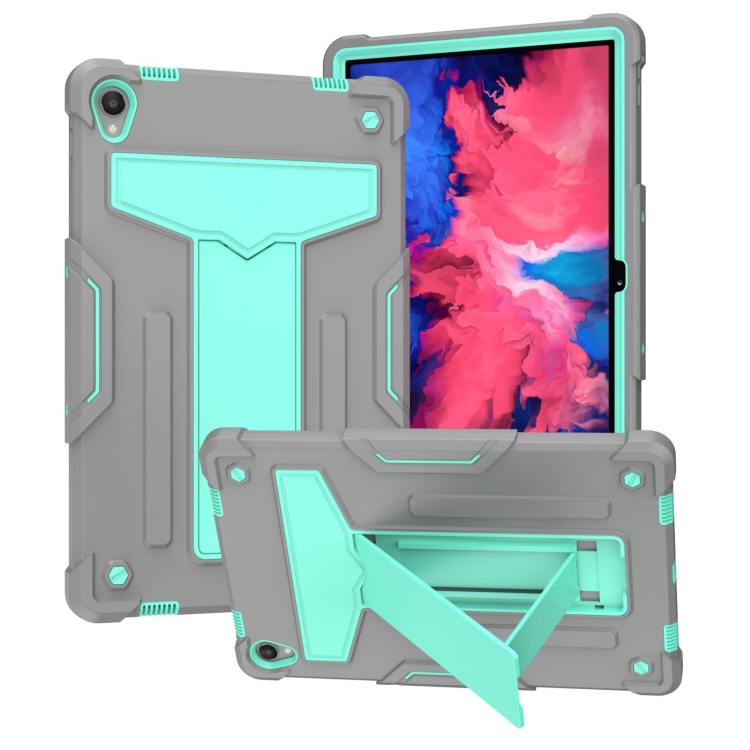 

For Lenovo Tab P11 (Tab-J606F) T-shaped Bracket Contrast Color Shockproof PC + Silicone Flat Protective Case(Grey + Mint Green)
