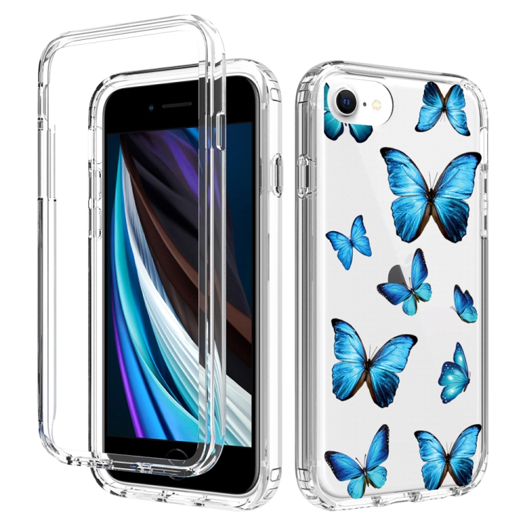 

For iPhone SE 2022 / SE 2020 / 8 / 7 2 in 1 High Transparent Painted Shockproof PC + TPU Protective Case(Blue Butterfly)