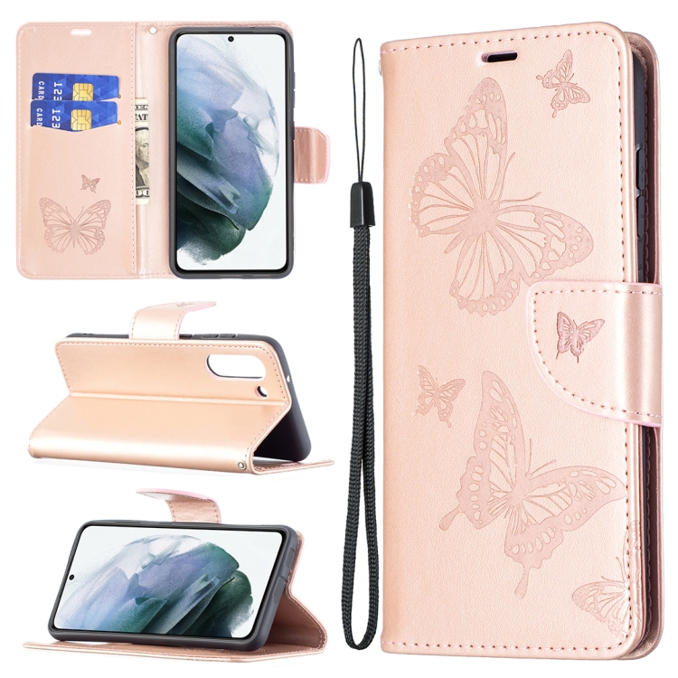 

For Samsung Galaxy S21 FE Embossing Two Butterflies Pattern Horizontal Flip PU Leather Case with Holder & Card Slot & Wallet & Lanyard(Rose Gold)