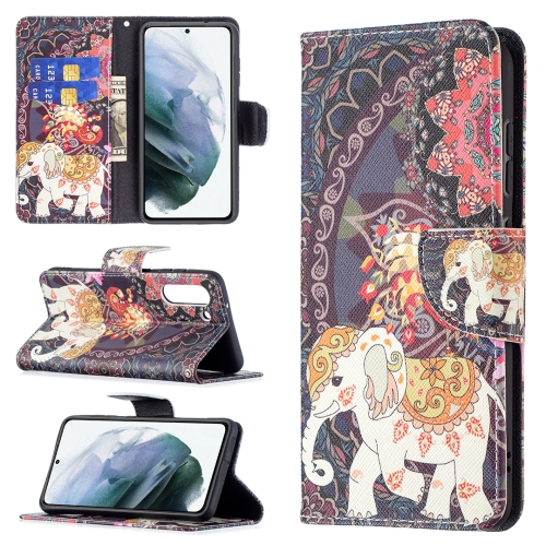 

For Samsung Galaxy S21 FE Colored Drawing Pattern Horizontal Flip Leather Case with Holder & Card Slots & Wallet(Flowers Elephant)