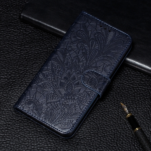 

For Samsung Galaxy A22 4G Lace Flower Embossing Pattern Horizontal Flip Leather Case with Holder & Card Slots & Wallet & Photo Frame(Dark Blue)