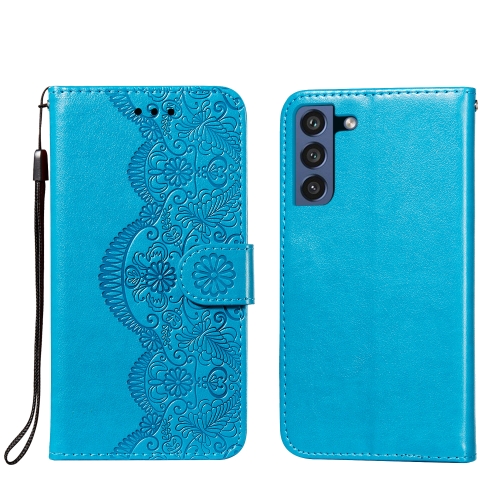 

For Samsung Galaxy S21 FE Flower Vine Embossing Pattern Horizontal Flip Leather Case with Card Slot & Holder & Wallet & Lanyard(Blue)