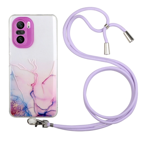 

For Xiaomi Redmi K40 / Redmi K40 Pro / Poco F3 Hollow Marble Pattern TPU Shockproof Protective Case with Neck Strap Rope(Pink)