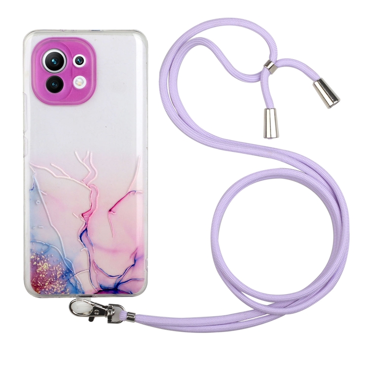 

For Xiaomi Mi 11 Lite Hollow Marble Pattern TPU Shockproof Protective Case with Neck Strap Rope(Pink)