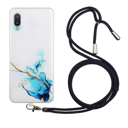 

For Samsung Galaxy A02 Hollow Marble Pattern TPU Shockproof Protective Case with Neck Strap Rope(Blue)