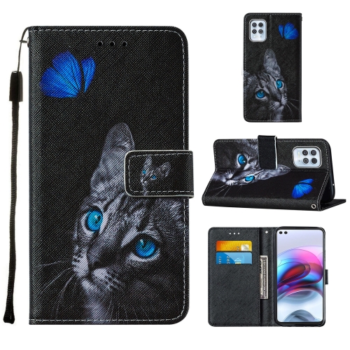 

For Motorola Moto G100 / Edge S Cross Texture Painting Pattern Horizontal Flip Leather Case with Holder & Card Slots & Wallet & Lanyard(Blue Butterfly Cat Eyes)