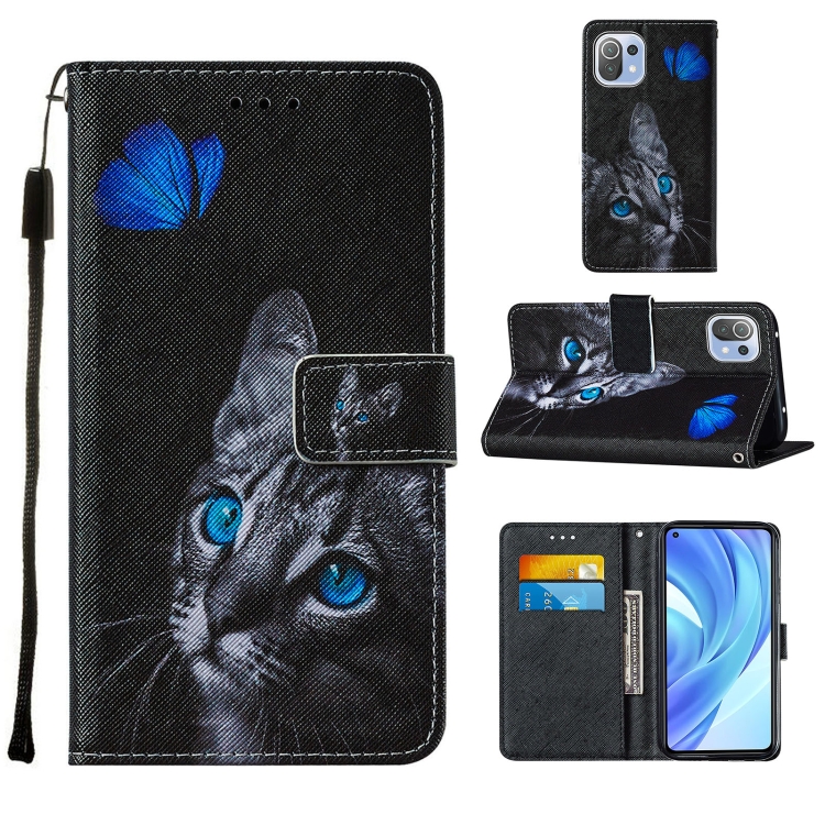 

For Xiaomi Mi 11 Lite Cross Texture Painting Pattern Horizontal Flip Leather Case with Holder & Card Slots & Wallet & Lanyard(Blue Butterfly Cat Eyes)
