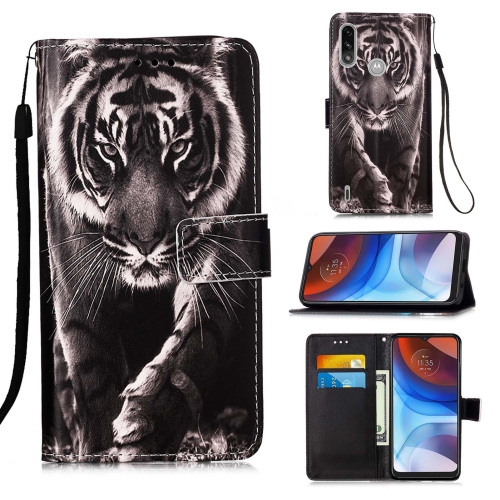 

For Motorola Moto E7 Power Colored Drawing Pattern Plain Weave Horizontal Flip Leather Case with Holder & Card Slot & Wallet & Lanyard(Black And White Tiger)