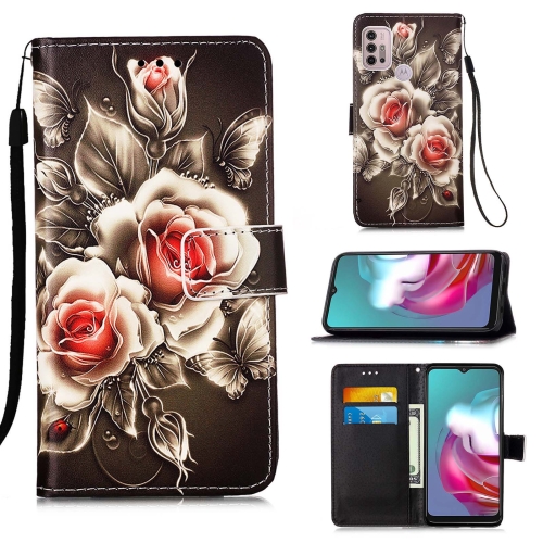 

For Motorola Moto G30 / G10 / G10 Power Colored Drawing Pattern Plain Weave Horizontal Flip Leather Case with Holder & Card Slot & Wallet & Lanyard(Roses On Black)