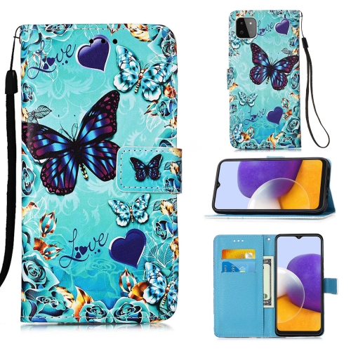 

For Samsung Galaxy A22 5G (US Version) Colored Drawing Pattern Plain Weave Horizontal Flip Leather Case with Holder & Card Slot & Wallet & Lanyard(Caring Butterfly)