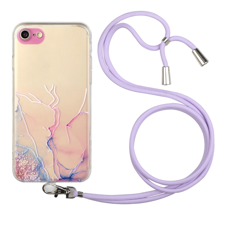 

Hollow Marble Pattern TPU Shockproof Protective Case with Neck Strap Rope For iPhone SE 2022 / SE 2020 / 8 / 7(Pink)