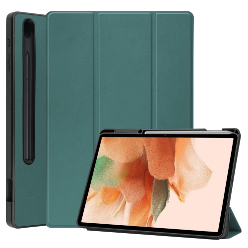 

For Samsung Galaxy Tab S7 Lite T730 / T735 / Tab S7 FE T736 Pure Color Horizontal Flip TPU + PU Leather Case with Three-folding Holder & Sleep / Wake-up Function & Pen Slot(Dark Green)