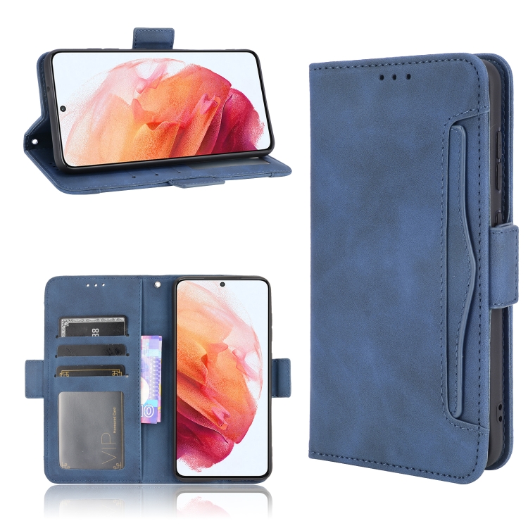 

For Samsung Galaxy S21 FE Skin Feel Calf Pattern Horizontal Flip Leather Case with Holder & Card Slots & Photo Frame(Blue)