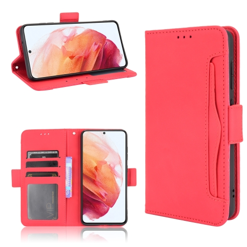 

For Samsung Galaxy S21 FE Skin Feel Calf Pattern Horizontal Flip Leather Case with Holder & Card Slots & Photo Frame(Red)