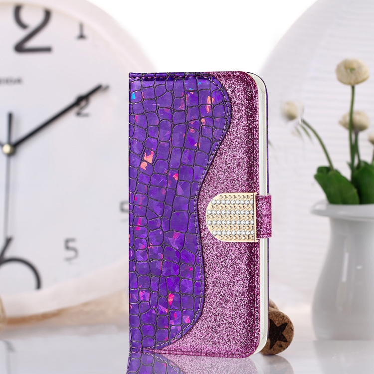 

For Samsung Galaxy A22 5G Laser Glitter Powder Matching Crocodile Texture Horizontal Flip Leather Case with Card Slots & Holder & Wallet(Purple)