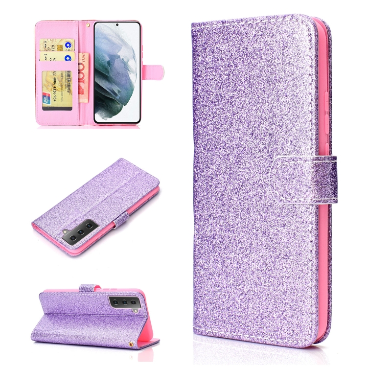 

For Samsung Galaxy S21 FE Glitter Powder Horizontal Flip Leather Case with Card Slots & Holder & Photo Frame & Wallet(Purple)