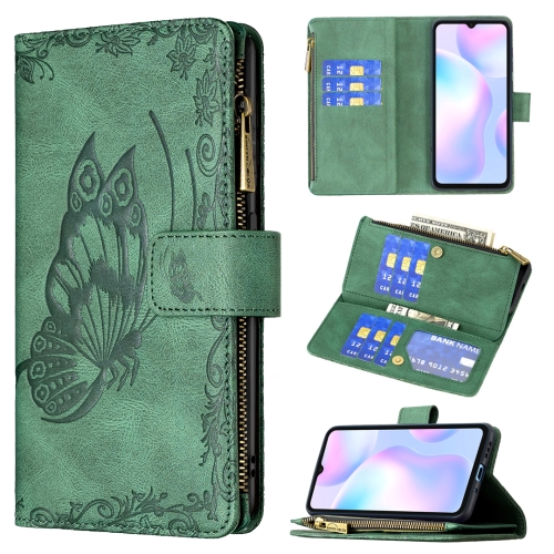 

For Xiaomi Redmi 9A Flying Butterfly Embossing Pattern Zipper Horizontal Flip Leather Case with Holder & Card Slots & Wallet(Green)