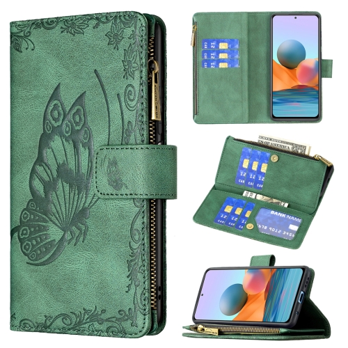 

For Xiaomi Redmi Note 10 Pro Flying Butterfly Embossing Pattern Zipper Horizontal Flip Leather Case with Holder & Card Slots & Wallet(Green)