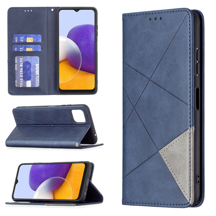 

For Samsung Galaxy A22 5G Rhombus Texture Horizontal Flip Magnetic Leather Case with Holder & Card Slots(Blue)