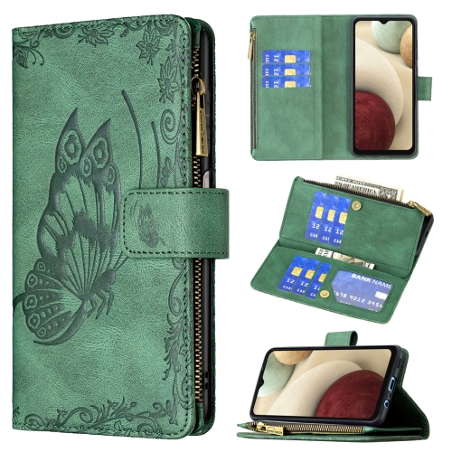 

For Samsung Galaxy A12 Flying Butterfly Embossing Pattern Zipper Horizontal Flip Leather Case with Holder & Card Slots & Wallet(Green)