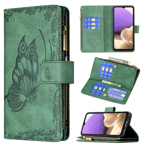 

For Samsung Galaxy A32 5G Flying Butterfly Embossing Pattern Zipper Horizontal Flip Leather Case with Holder & Card Slots & Wallet(Green)